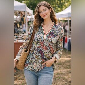 Vintage Magazine Paisley V-Neck Long Sleeve Tunic Top M Ivory Multi Stripe NWT